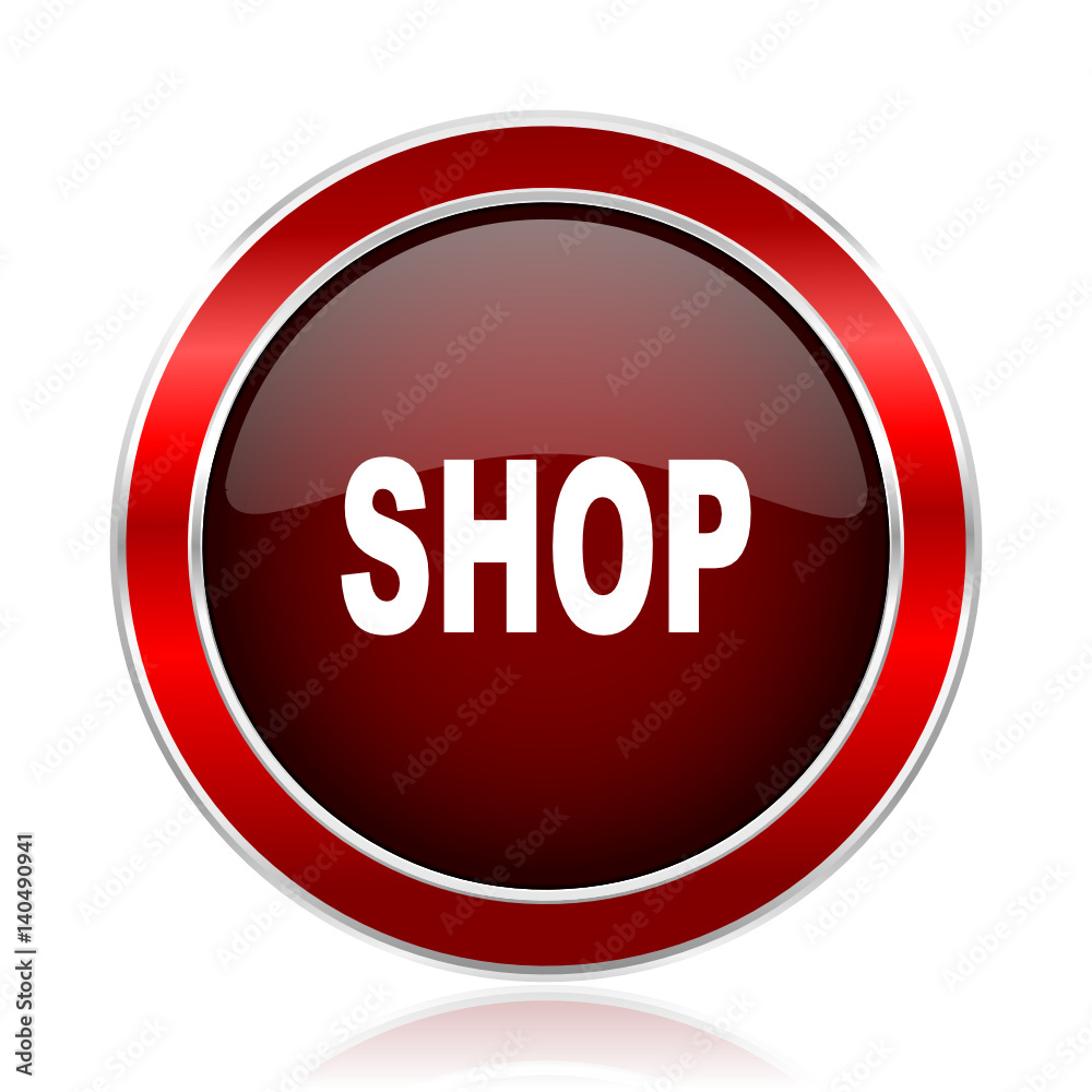 Poster shop red round glossy metallic web and smartphone vector icon isolated on white background.