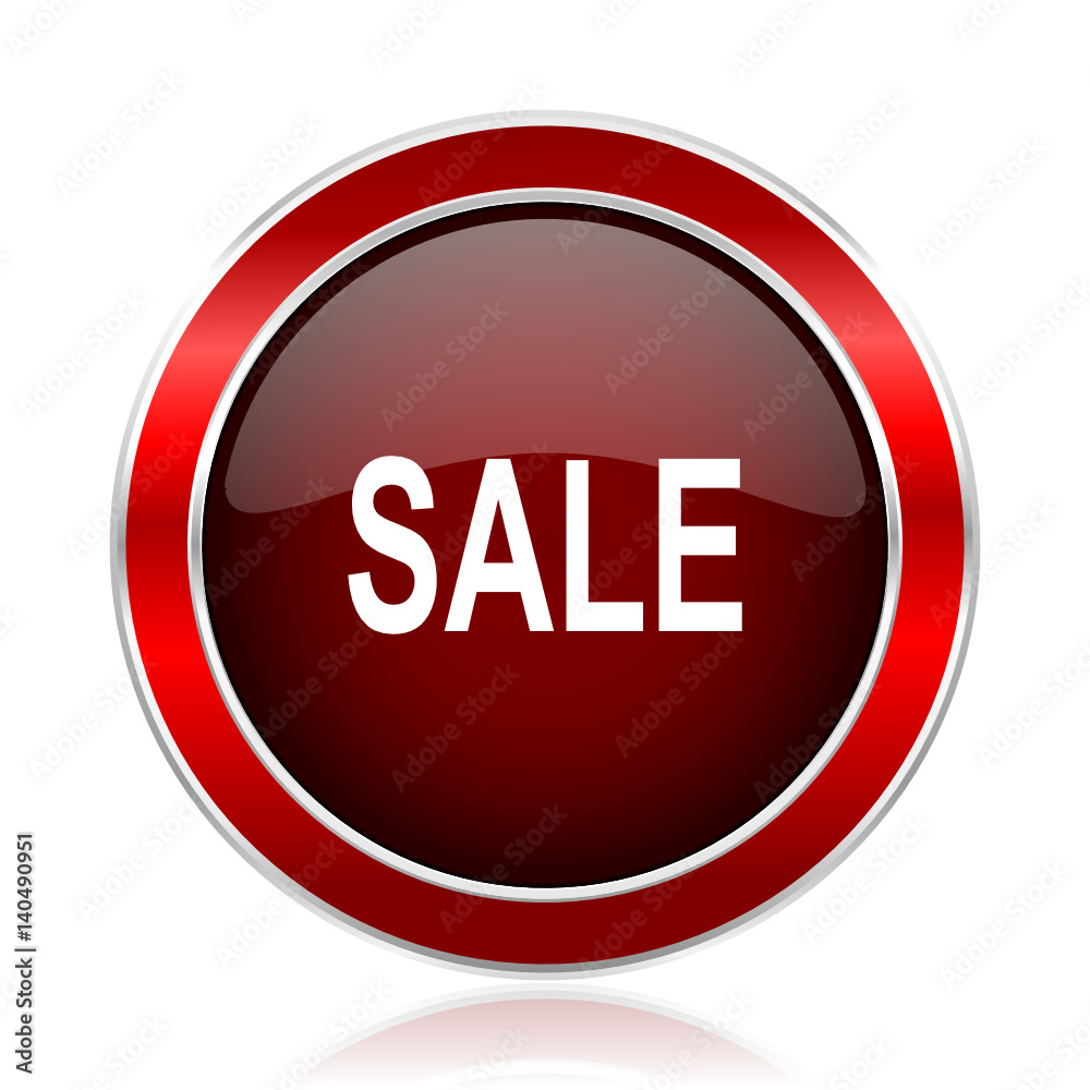 Poster sale red round glossy metallic web and smartphone vector icon isolated on white background.