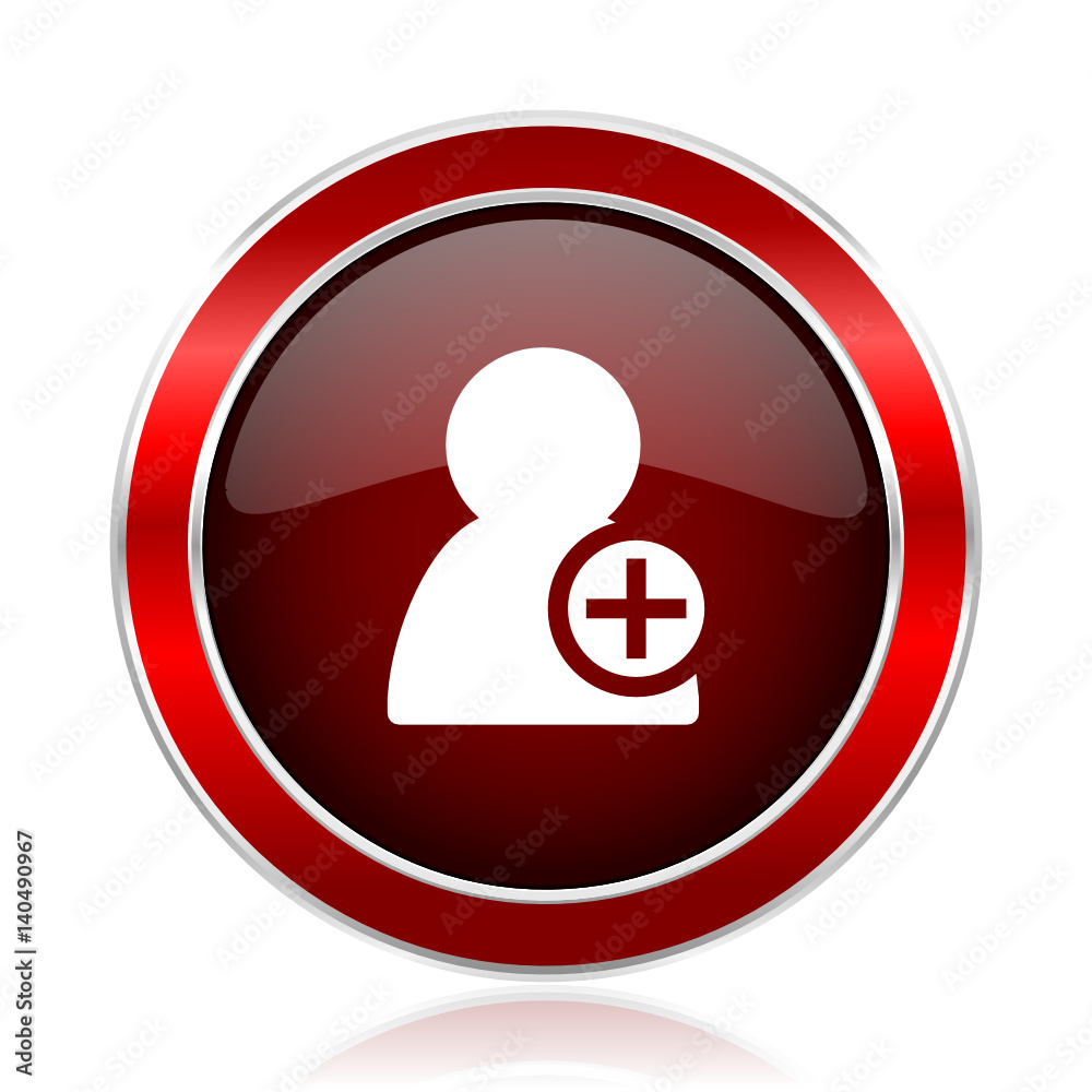 Poster Add contact red round glossy metallic web and smartphone vector icon isolated on white background.             

