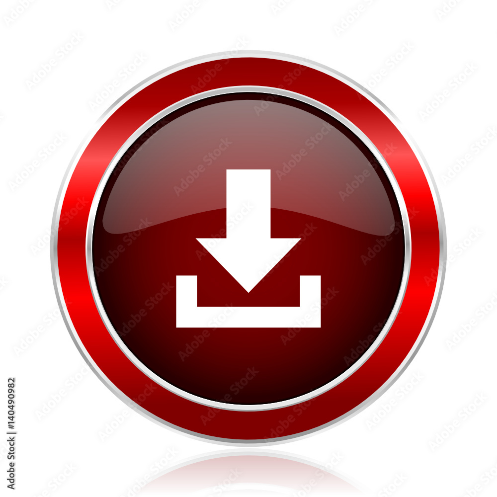 Poster download red round glossy metallic web and smartphone vector icon isolated on white background.