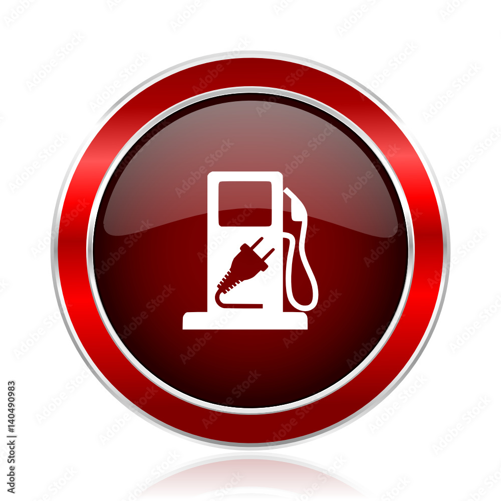 Poster fuel red round glossy metallic web and smartphone vector icon isolated on white background.