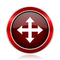 Arrow red round glossy metallic web and smartphone vector icon isolated on white background.    
