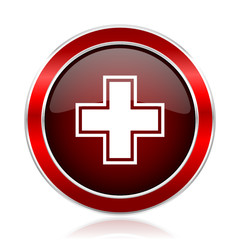 Obraz premium Pharmacy red round glossy metallic web and smartphone vector icon isolated on white background.