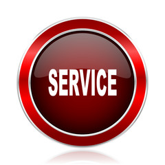 Service red round glossy metallic web and smartphone vector icon isolated on white background.