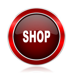 Shop red round glossy metallic web and smartphone vector icon isolated on white background.