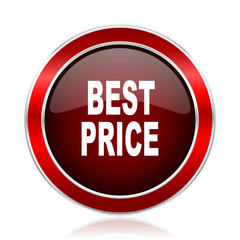 Best price red round glossy metallic web and smartphone vector icon isolated on white background.