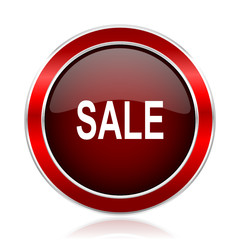 Sale red round glossy metallic web and smartphone vector icon isolated on white background.