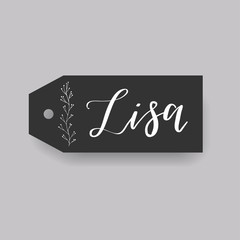 Common female first name Lisa on a tag. Hand drawn calligraphy. Wedding typography element.