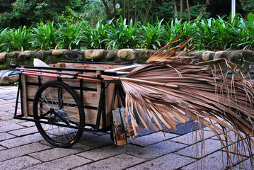 A wooden trolley with rake and broom in the garden. The broom was made of palm tree leaves.