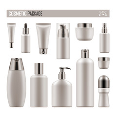 Set of realistic package for cosmetic product. Collection of white blank template of container, tube, bottle, spray. Vector mock-up of packages isolated on white background.