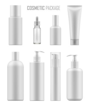 Set Of Realistic Empty Packages For Body Cosmetic. Collection Of Blank Template Of Container For Lotion Or Tonic, Serum Or Oil, Tube For Cream, Bottle With Pump. Vector Mock-up Isolated On White