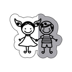 sticker sketch silhouette caricature couple boy with curly hair and girl with dress vector illustration