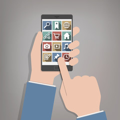 Hands holding Smart Phone - Flat Design with Icon Set