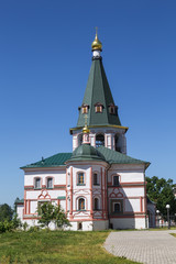 Fototapeta na wymiar The Abbot building with a Bell Tower in the Valdai Svyatoozersky Iversky Monastery, Novgorod Region, Russia
