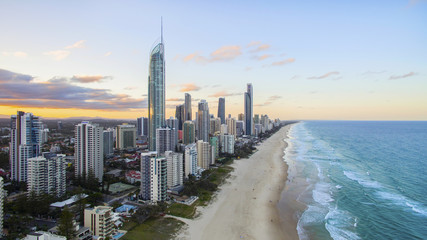 Aerial view of sunset over Surfers Paradise and beach. Gold Coast Australia