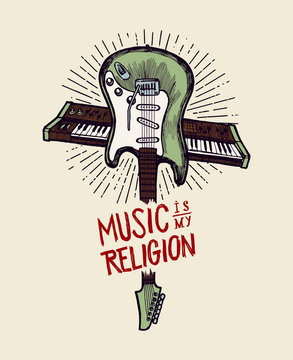 electric guitar and synthesizer crossed vintage print music is my religion