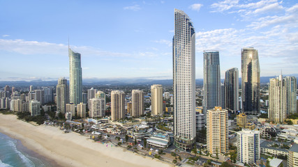 Aerial view of Gold Coast Surfers Paradise cityscape and famous beach