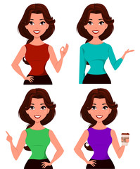 Young cartoon businesswoman dressed in office clothes showing different gestures. Beautiful brunette girl. Set. Fashionable modern lady. Vector illustration. EPS10