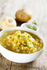 Homemade soup with turnip and other vegetables