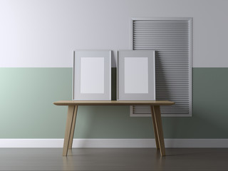 Two blank frame poster mock up on the table in the interior. 3d rendering