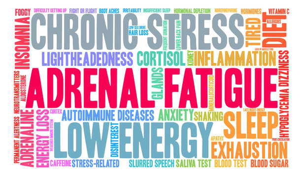 Adrenal Fatigue Word Cloud on a white background. 
