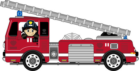 Cute Cartoon Fireman and Fire Engine