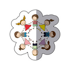 sticker colorful caricature children holding hands vector illustration