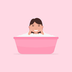 Vector cartoon little baby bathes in a small bath