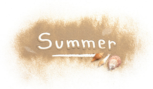 Word summer written in sand beach on white background