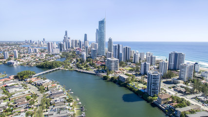 Aerial view of Surfers Paradise skyline and Isle of Capri at sunrise