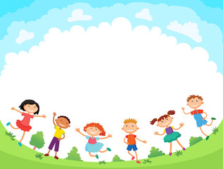 children are jumping on the glade, bunner cartoon funny vector, illustration