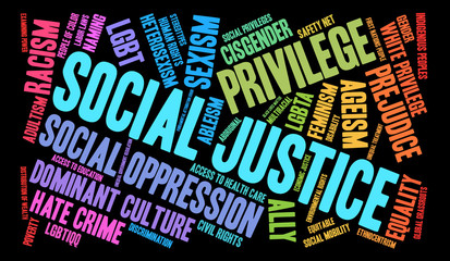 Social Justice word cloud on a black background.