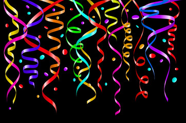 Fototapeta na wymiar Birthday blac background with curling streamers and confetti, illustration. tinsel vector color