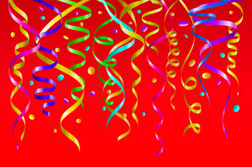 Birthday red background with curling streamers and confetti, illustration. tinsel vector color
