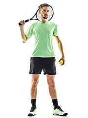 Poster one caucasian  man playing tennis player isolated on white background © snaptitude