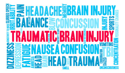 Traumatic Brain Injury Word Cloud on a white background. 