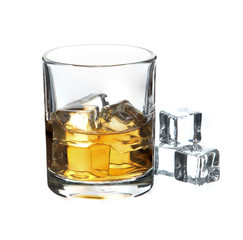Glass of whisky with ice on a white