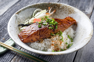 Traditional Japanese Salmon Teriyaki with Rice and Vegetable
