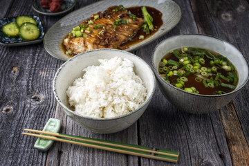 Traditional Japanese Fish Teriyaki with Rice and Miso Soup