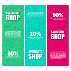 Vector illustration of women's swimsuit shop discount coupon. Bikini fashion magazine business flyer background template. Special offer banner sign.