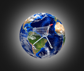 Shopping trolley globe concept supermarket shopping cart with globe on white 3d