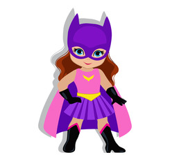 Illustration cute girl in the costume of a superhero. Vector illustration isolated on white background.