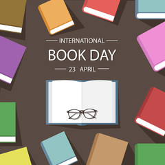 Colored book background flat design. Vector illustration poster international book day