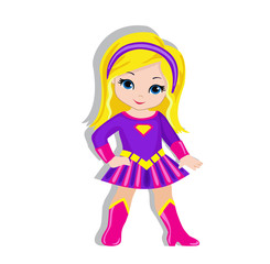 Illustration cute girl in the costume of a superhero. Vector illustration isolated on white background.