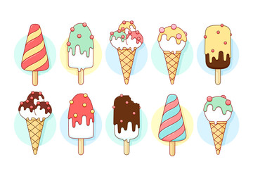 Ice cream icons of different types and shapes. Chocolate and lemon, spiral popsicle and eskimo in waffle cup. Design ice cream and popsicle in line graphic for ice cream shop. Vector illustration