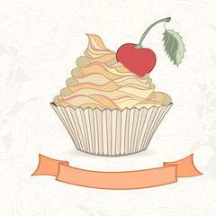 Hand drawn background of doodle style cupcakes