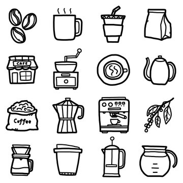 coffee, objects, icons set / cartoon vector and illustration, hand drawn style, black and white, isolated on white background.