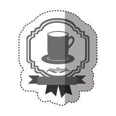 sticker gray scale border heraldic decorative ribbon with dish porcelain with big mug vector illustration