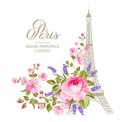 The Eiffel tower card. Eiffel tower simbol with spring blooming flowers over white background. Vector illustration.