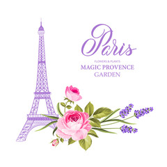 Fototapeta na wymiar The Eiffel tower card. Eiffel tower simbol with spring blooming flowers over white background. Vector illustration.